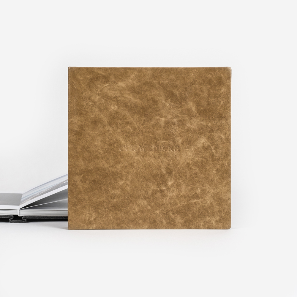 Italian leather wedding album standing upright