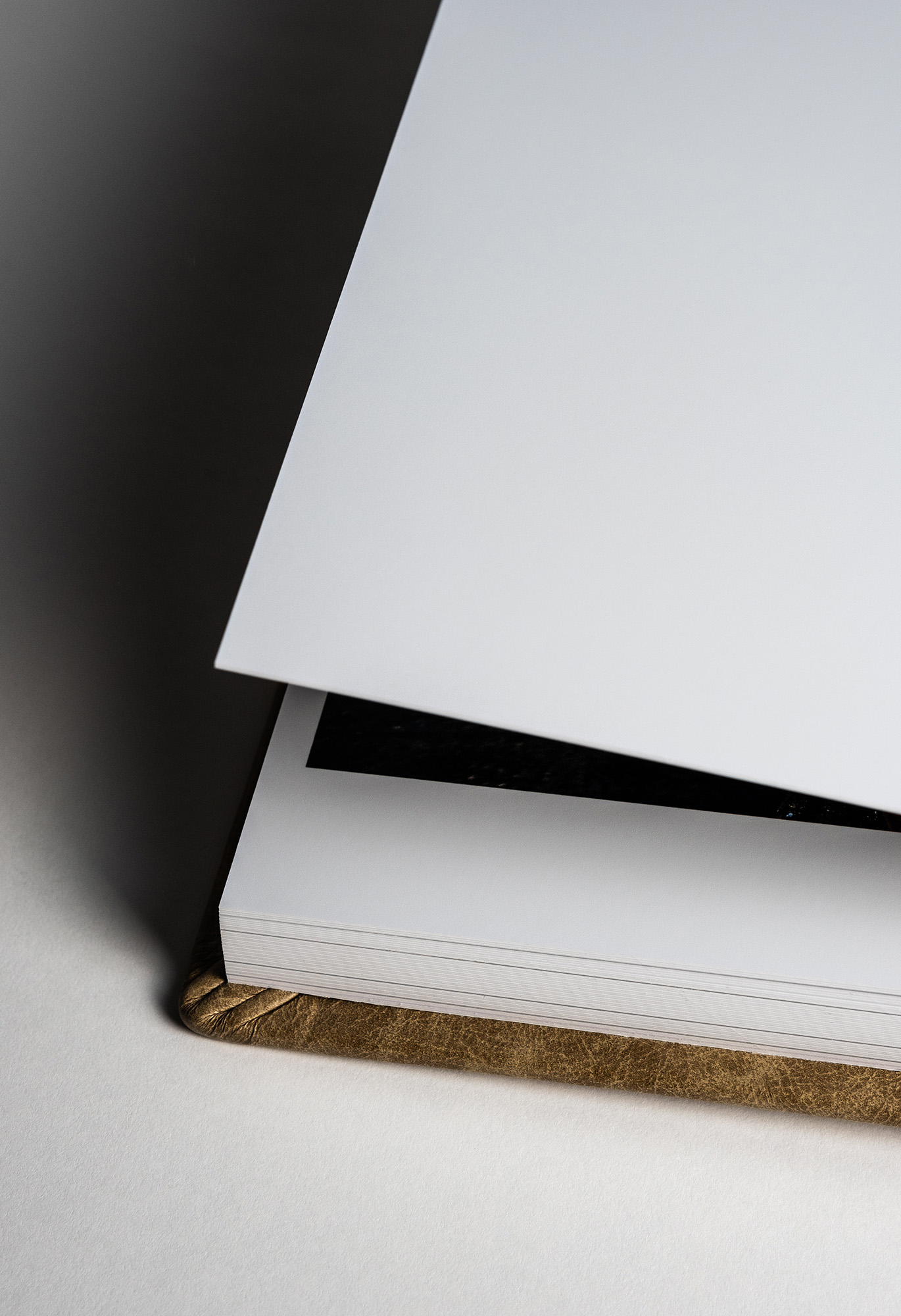 Rigid pages of a leather wedding album