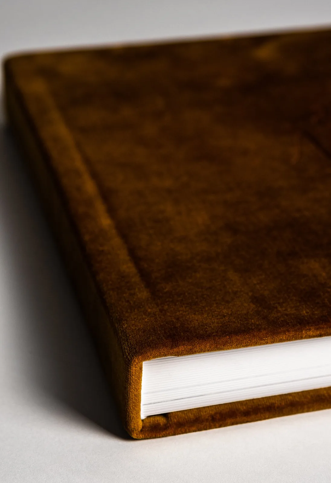 Couverture et tranche d'un album de mariage en velours ocre